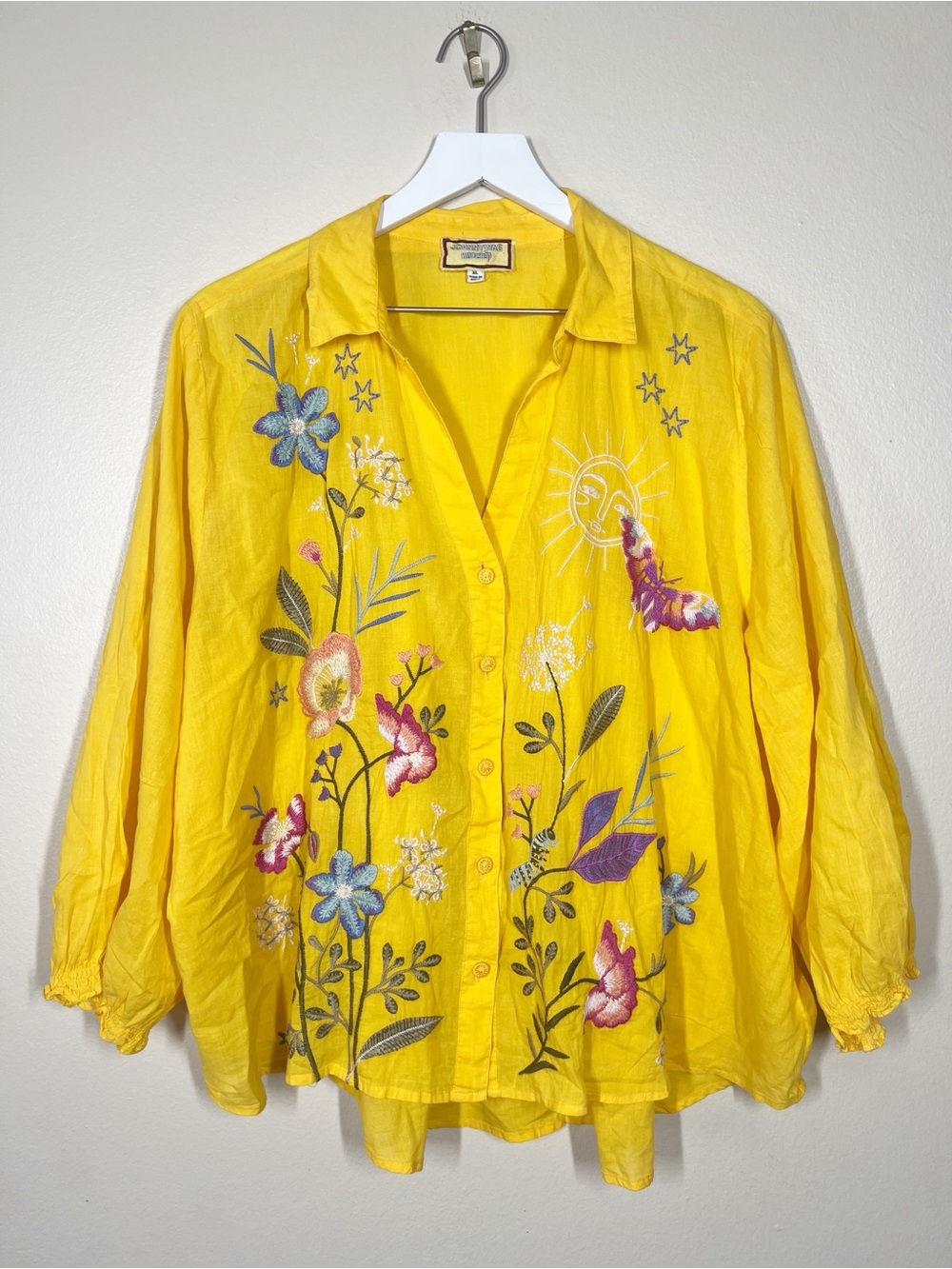 Johnny Was Workshop Boho Embroidered Yellow Button Up Relaxed Women's Top XL